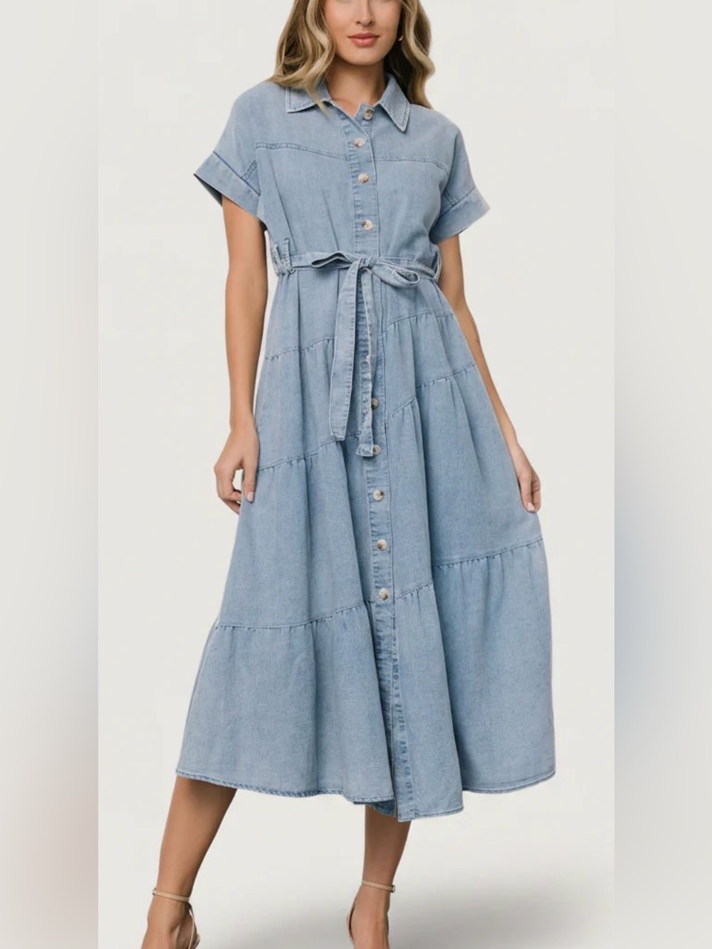 Baltic Born Logan Button Up Light Blue Washed Denim Midi Dress Women’s Medium